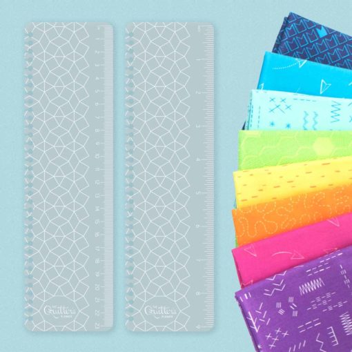Our Quilter's Planner rulers are a popular product. Shown with a bundle of Sarah Ashford fabric